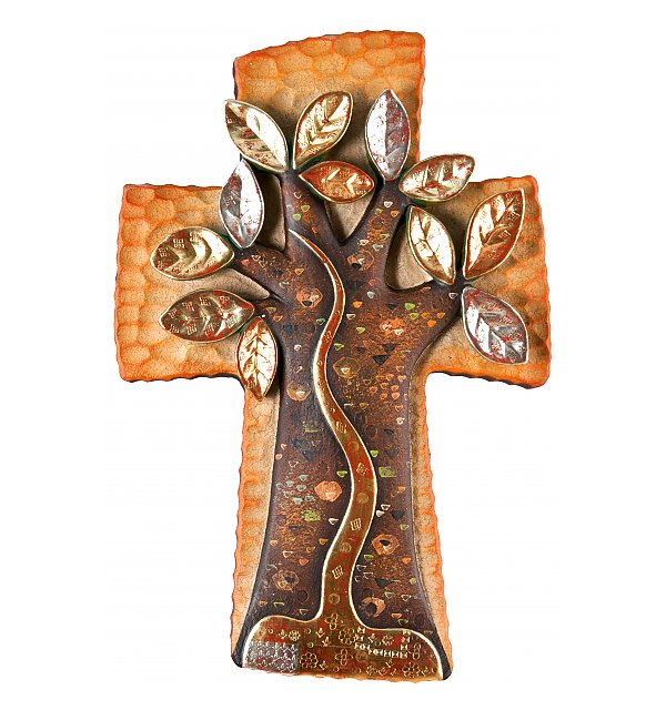0100 - Lebensbaum Kreuz, Holz geschnitzt ECHTGOLD