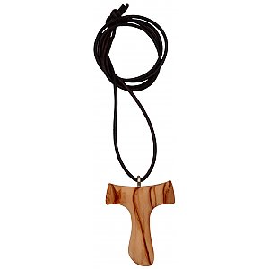 0002 - Halskette mit Tau-Kreuz Oliv - mit Lederband braun