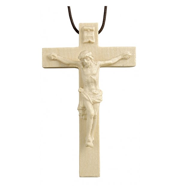 3114 - Barockes Kreuz auf Lederband, Holz NATUR