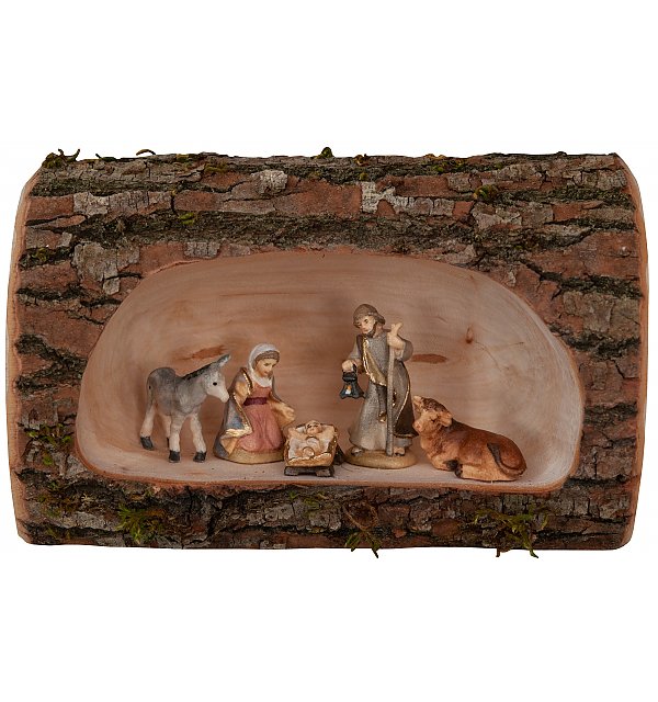 27527 - Betlehem Nativity with Ox an Donkey in tree trunch COLOR