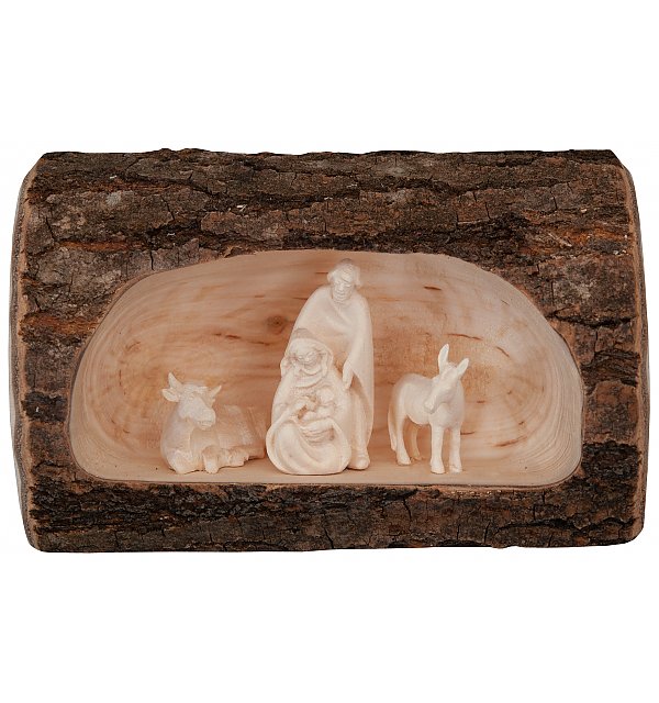 27557 - Morg. Nativity with Ox and Donkey in tree trunch NATUR