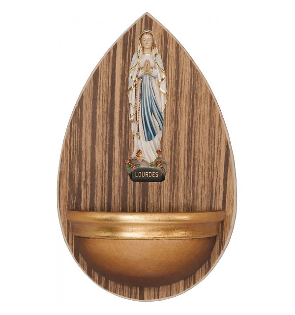 0045L - Holy water font in wood with Our Lady of Lourdes
