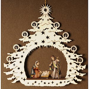 Christmas tree ornament - Fir tree with Holy Family wood carved
