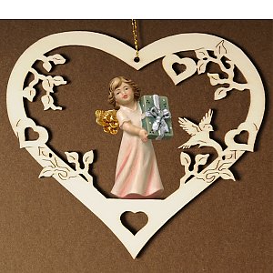 Ornamento cuore con angioletti in legno